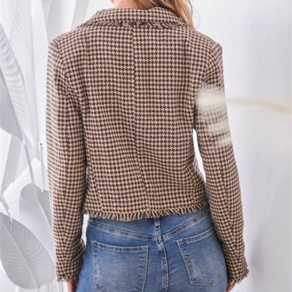 Womens work chic houndstooth plaid print fringe de - Picture 3 of 7